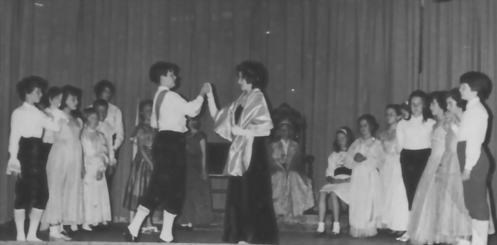 Select this image to see a larger version. The Prince (Ian Worsfold) dances with the Queen of Paflagonia (Rosemary Hippsley)