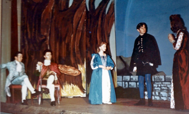Select this image to see a larger version. Neil Saunders (Mr.Sneer) and Gordon Cochran (Mr.Dangle) watch Margaret Tweedy (Confidante); Ian Worsfold (Governor) and Julia Fryer (Tiburina) rehearsing 'The Spanish Armada'.
