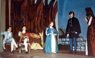 Neil Saunders (Mr.Sneer) and Gordon Cochran (Mr.Dangle) watch Margaret Tweedy (Confidante); Ian Worsfold (Governor) and Julia Fryer (Tiburina) rehearsing 'The Spanish Armada'.
 Select this image to see a larger version. 