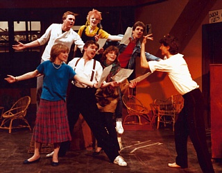 (From left ... back) Dave Rothwell (Tucker), Jackie Phipps (Peggy), Mick Padgett (Curley). (... front) Rachel Day (Snowy), Mark Oldknow (Brains), Sue Thomas (Shelley) with Mike Wicherek (Curt) ... 'The Rat Trap' Select this image to see a larger version. 