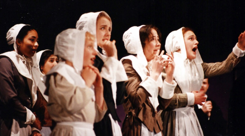 Select this image to see a larger version. Act Three: Abigail Seabrook (Abigail Hobbs), Gaby Vautier (Susan Sheldon),
Ruth Putnam (Lucy Sikora), Betty Parris (Katie Gourd), Mercy Lewis (Caitlin Hughes) and Abigail Williams (Catherine Lambert)