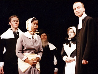 Act One: Thomas Putnam (Lawrence Markham), Tituba (Samantha Franklin), Giles Corry (Ian Wagge), Ann Putnam (Debbie Lewis) and John Hale (Andrew Chatfield)
 Select this image to see a larger version. 