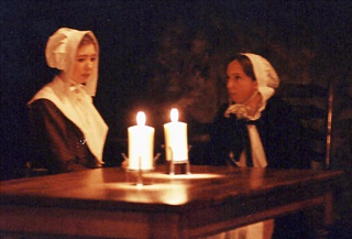 Act Two Scene One: Elizabeth Proctor (Carla Quelch) with Mary Warren (Helen Wallace).
 Select this image to see a larger version. 