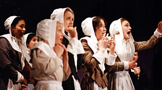 Act Three: Abigail Seabrook (Abigail Hobbs), Gaby Vautier (Susan Sheldon),
Ruth Putnam (Lucy Sikora), Betty Parris (Katie Gourd), Mercy Lewis (Caitlin Hughes) and Abigail Williams (Catherine Lambert) Select this image to see a larger version. 