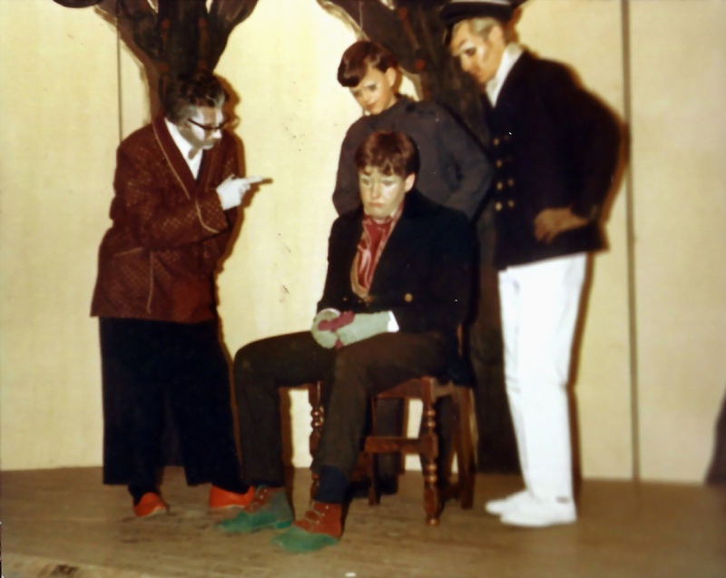 Select this image to see a larger version. Badger (Ian Wallace) lectures a seemingly repentent Toad (Rod Baker) whilst Mole (Andrew Kitchen) and Rat (Martin Wallace) show their disapproval of Toad's antics.