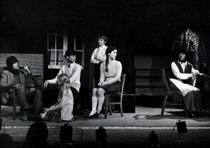 Select this image to see a larger version. Mr. and Mrs. Beaver (Nigel Davies and Moira Herridge) with Lucy (Philippa Hough), Peter (Nicholas Emerson), Edmund (David Blott) and  Susan (Felicity Wiseman).

