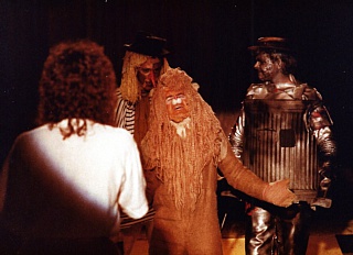Dorothy (Lisa Gater) faces Scarecrow (Mike Wicherek), Lion (Paul Bacon) and Tin Man (Mark Oldknow) Select this image to see a larger version. 