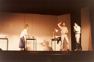 Cathy Cook, Tim Gray, Paul Bacon, Stereotypes rehearsal, 9 July 1986