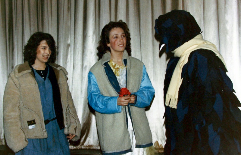 Select this image to see a larger version. Tiny (Belinda Frith) and Gerda (Claire Garnett) meet Krark, the Raven (Paul Bacon).