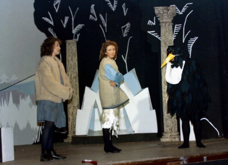 Select this image to see a larger version. Tiny (Belinda Frith) and Gerda (Claire Garnett) are not too sure about Krark (Paul Bacon) disguising himself as a penguin!