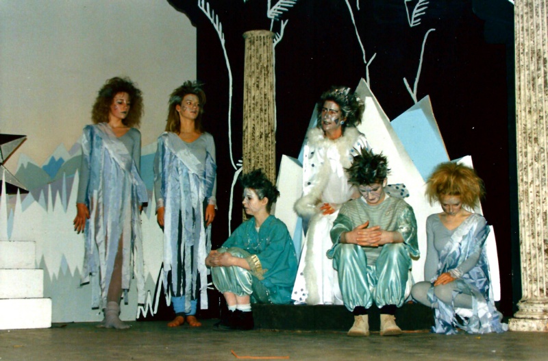 Select this image to see a larger version. The Snow Queen (Clare Murrell) with Sleet and Frost (Leona Smith and Peter Fison) and her Attendants (believed to be:- Alex Dobson; Sian Holding and Kathy Cook).