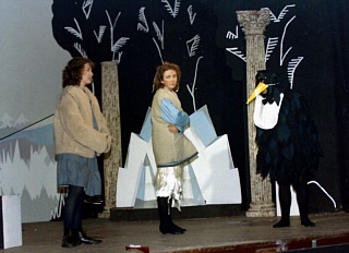 Tiny (Belinda Frith) and Gerda (Claire Garnett) are not too sure about Krark (Paul Bacon) disguising himself as a penguin! Select this image to see a larger version. 