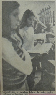 Concentration as members follow the script during a rehearsal at Burnham Hall. - MID-WEEK FREE PRESS, Dec. 1, 1971. Select this image to see a larger version. 
